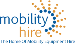 Blue and yellow mobility hire writing, with a dotted blue and yellow sun overlooking the end of the word. Underneath in blue text says ' The Home Of Mobility Equipment Hire'
