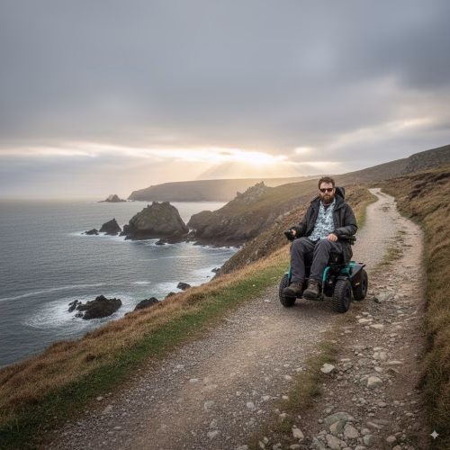 Man on a coastal path sat on a Quantum Outback Wheelchair