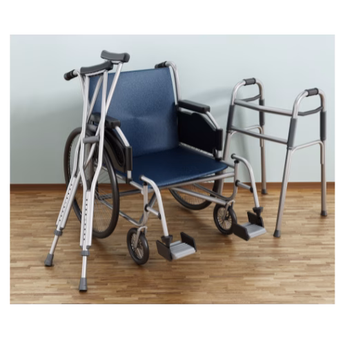 A pair of crutches, wheelchair and walker next to each other.