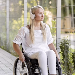 Woman out with headphones in a supportive wheelchair