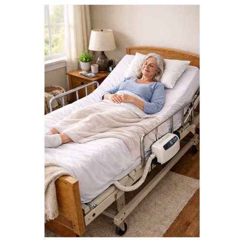 A female patient led in a hospital bed at home resting.